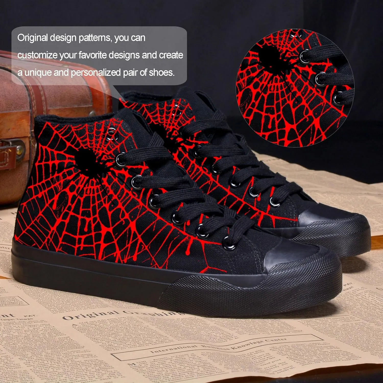 Men Canvas High Top Spider Web Sneakers Black Classic Lace up Shoes for Women Street Casual Tennis Shoes
