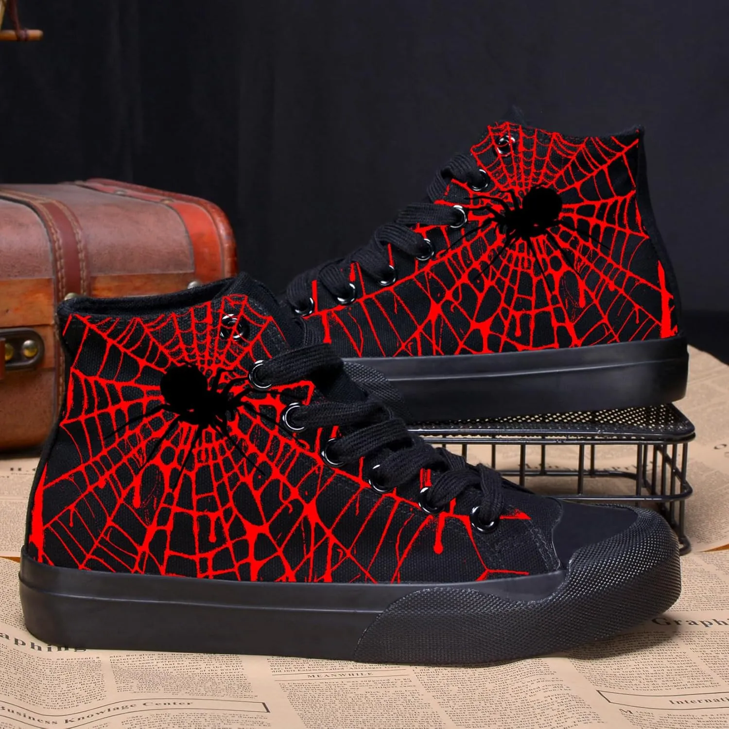 Men Canvas High Top Spider Web Sneakers Black Classic Lace up Shoes for Women Street Casual Tennis Shoes