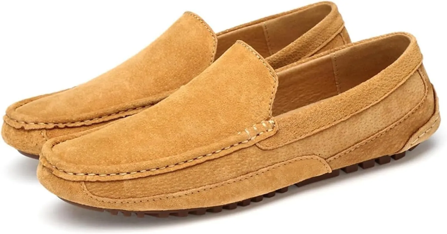 Men's Handmade Suede Slip-On Loafers Fashionable Round Wide Toe Non-Slip Casual Formal Boat Shoes Work Driving Casual Penny Loafers for Men