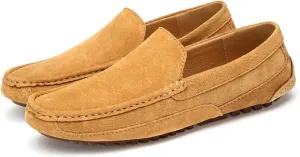 Men's Handmade Suede Slip-On Loafers Fashionable Round Wide Toe Non-Slip Casual Formal Boat Shoes Work Driving Casual Penny Loafers for Men