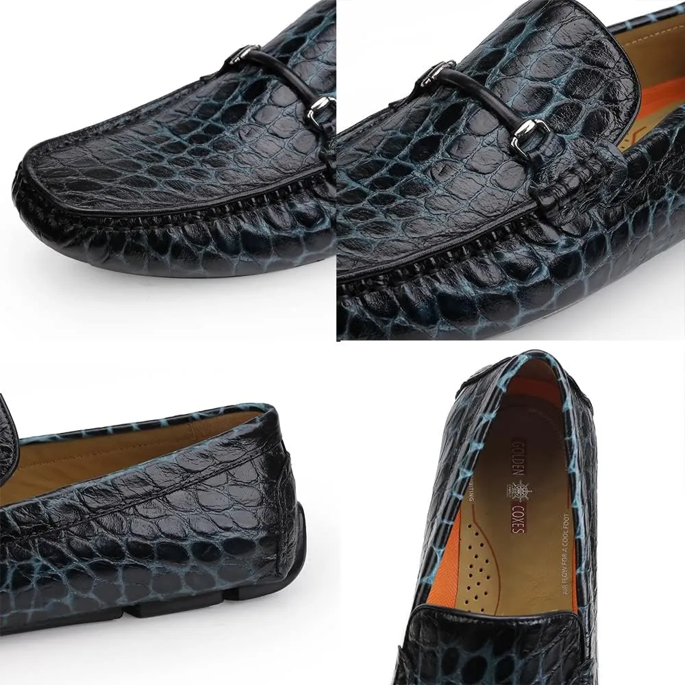 Men's Leather Driving Moccasins Alligator Printed Slip-on Penny Loafers Shoes