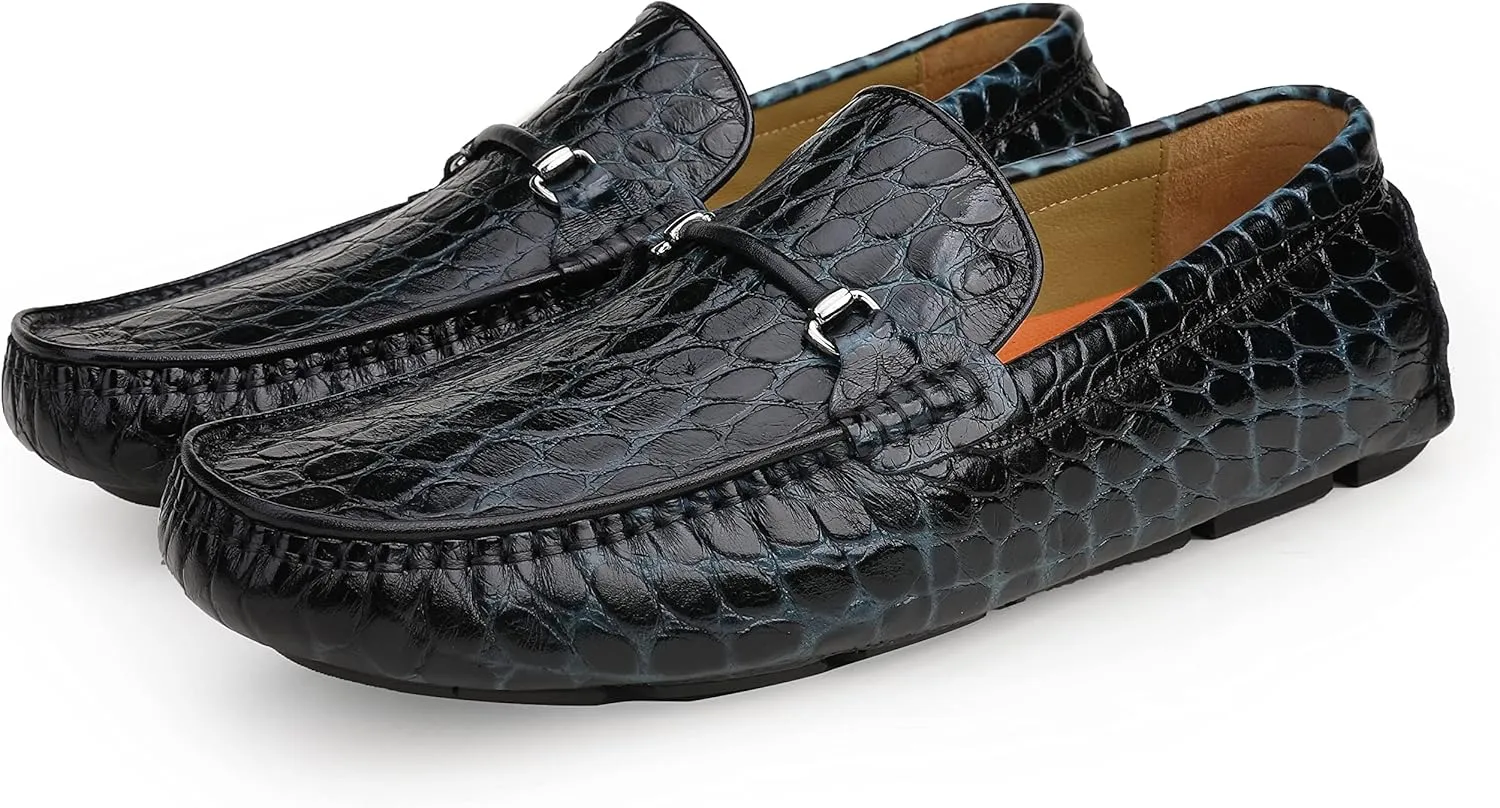 Men's Leather Driving Moccasins Alligator Printed Slip-on Penny Loafers Shoes