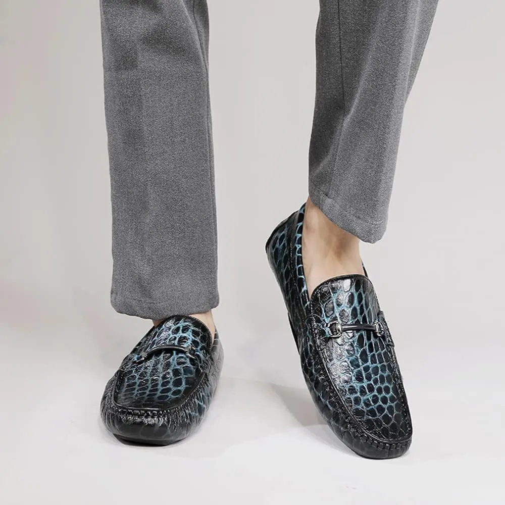 Men's Leather Driving Moccasins Alligator Printed Slip-on Penny Loafers Shoes