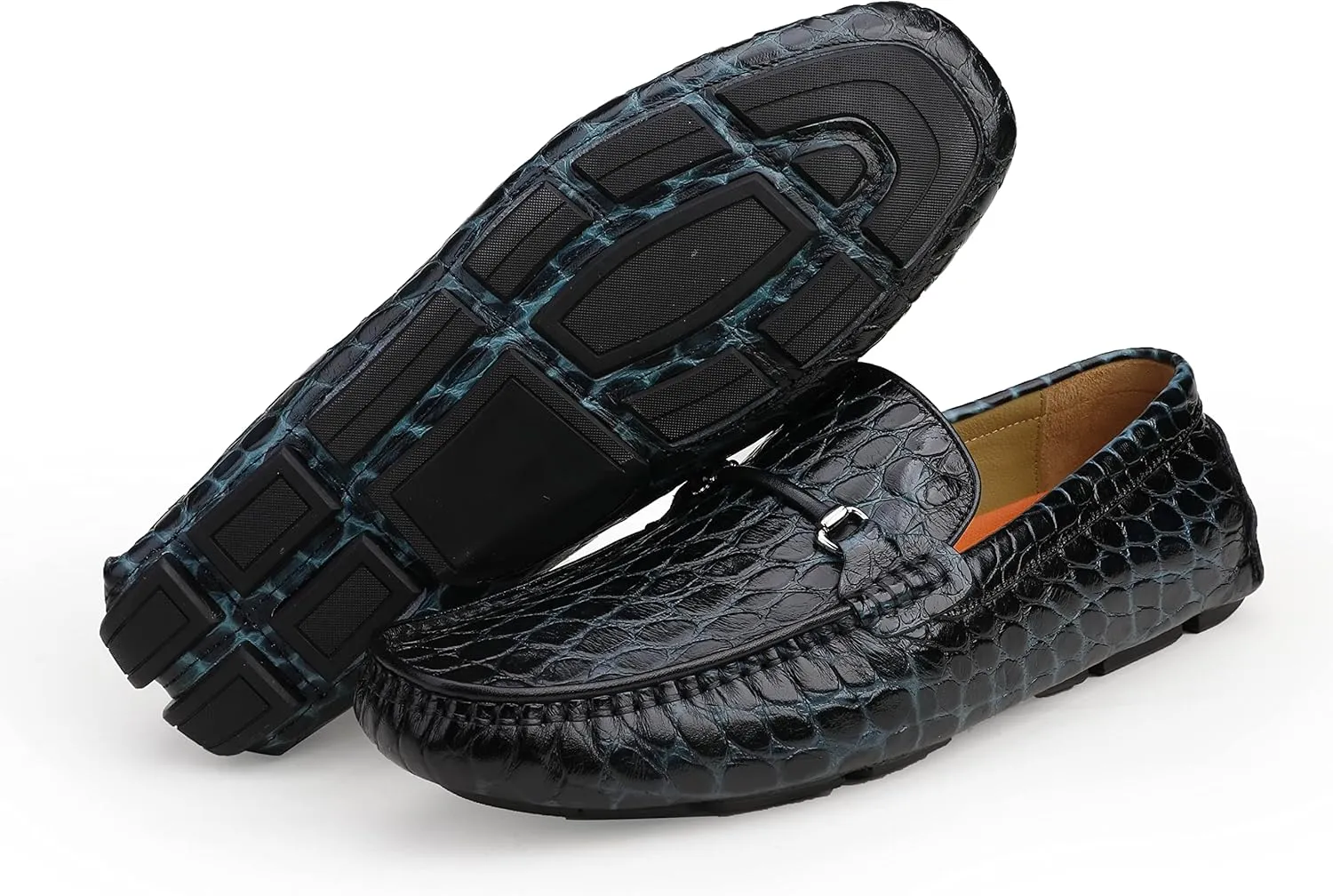 Men's Leather Driving Moccasins Alligator Printed Slip-on Penny Loafers Shoes