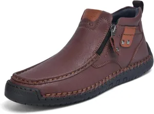 Mens Mid-Top Leather Chukka Ankle Boots with Side Zipper Casual Comfortable Round Toe Non-Slip Flats Loafers for Walking Outdoor Hiking