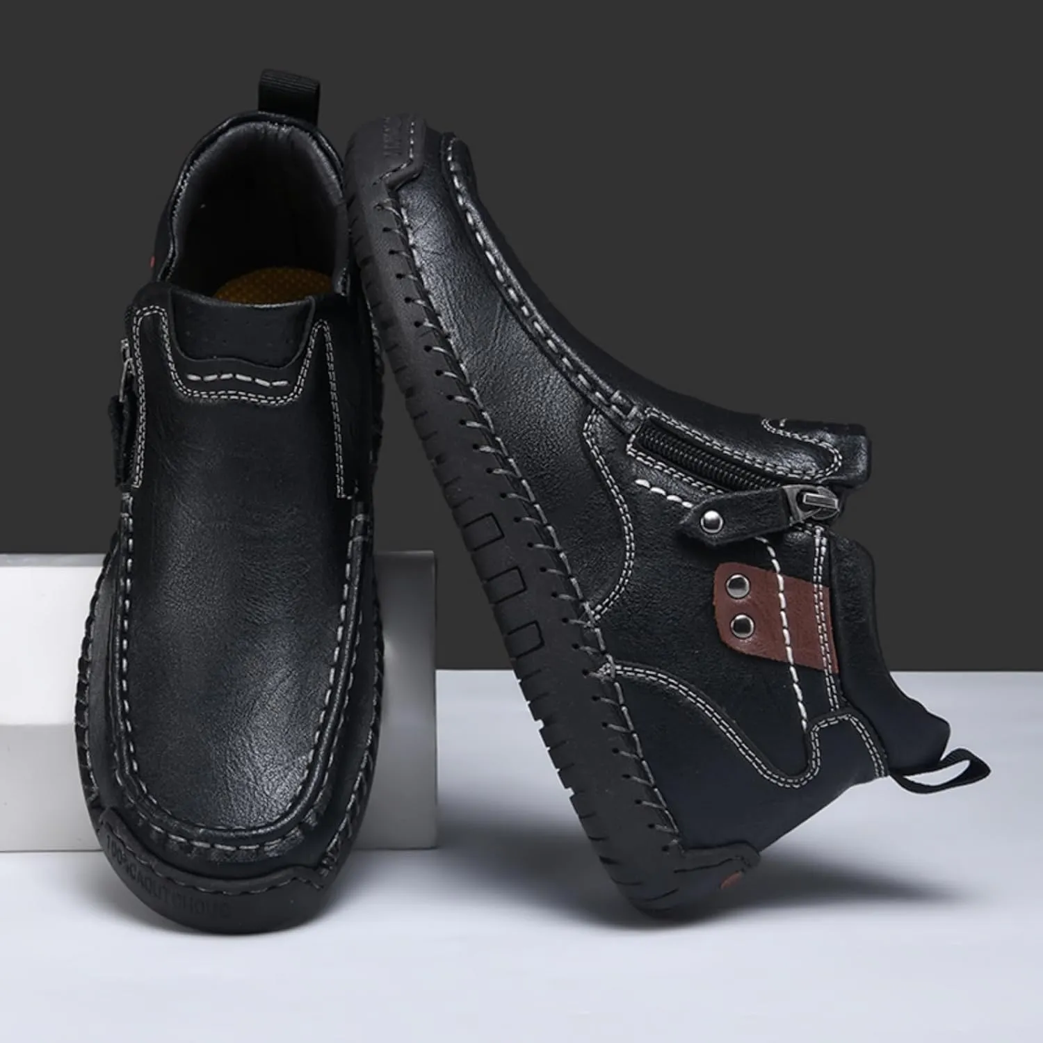 Mens Mid-Top Leather Chukka Ankle Boots with Side Zipper Casual Comfortable Round Toe Non-Slip Flats Loafers for Walking Outdoor Hiking