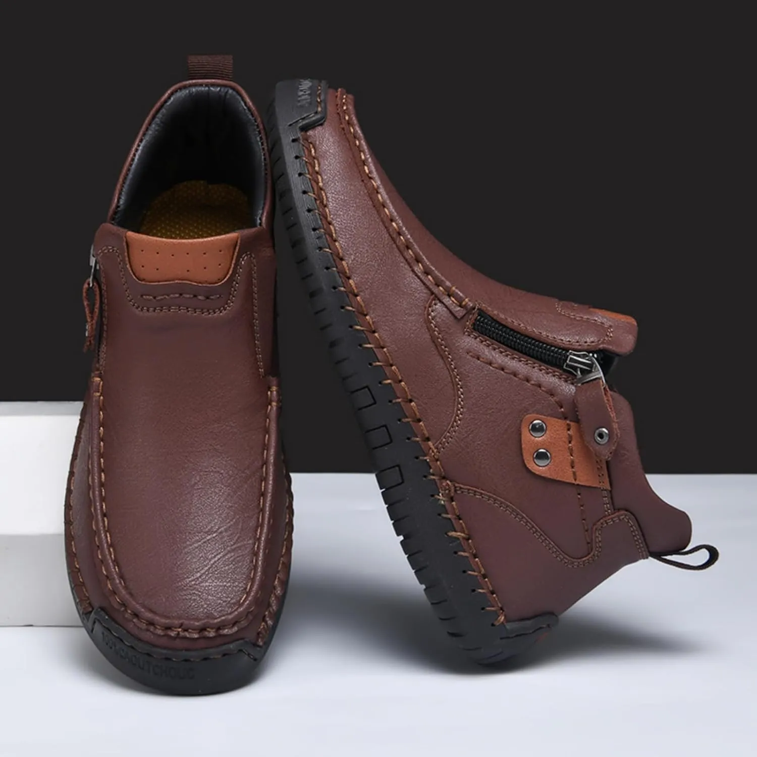 Mens Mid-Top Leather Chukka Ankle Boots with Side Zipper Casual Comfortable Round Toe Non-Slip Flats Loafers for Walking Outdoor Hiking