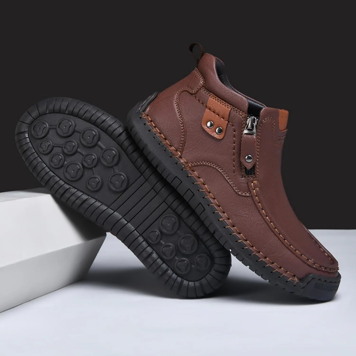 Mens Mid-Top Leather Chukka Ankle Boots with Side Zipper Casual Comfortable Round Toe Non-Slip Flats Loafers for Walking Outdoor Hiking