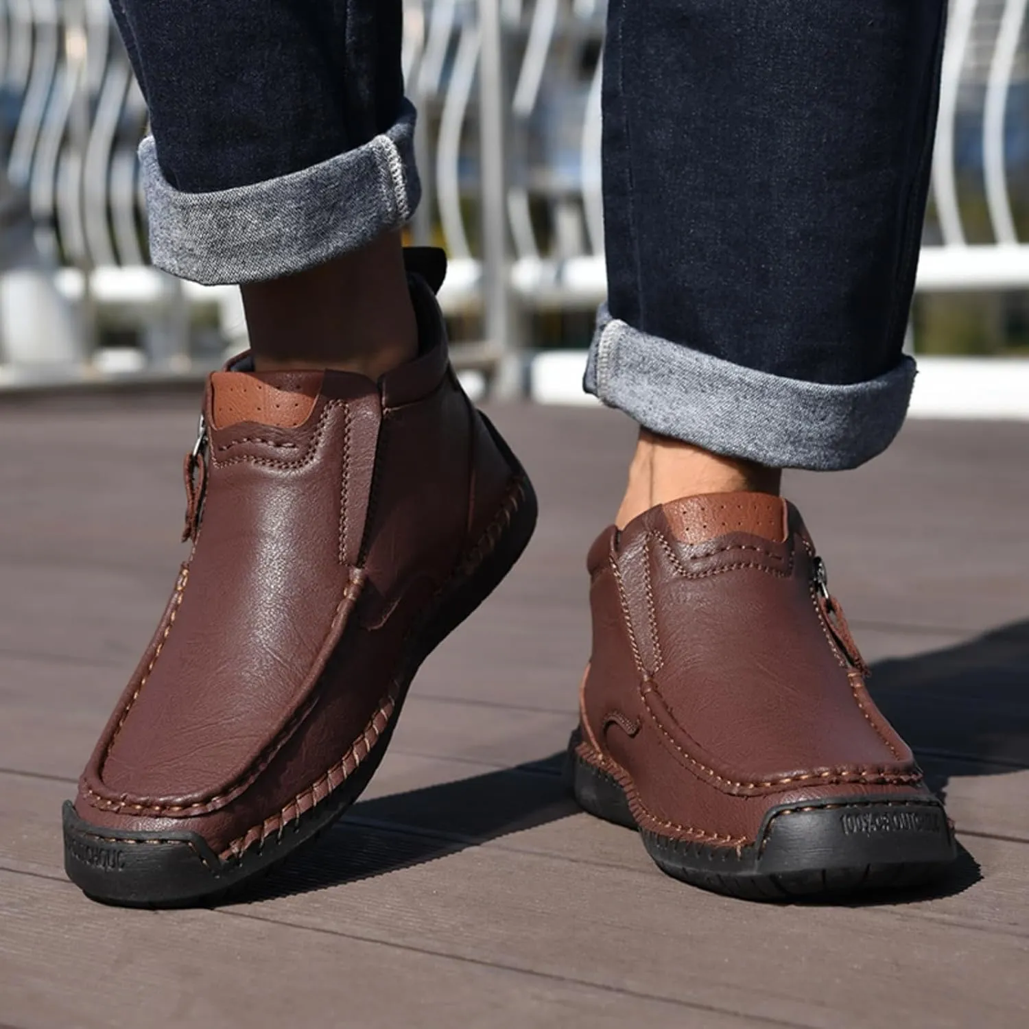 Mens Mid-Top Leather Chukka Ankle Boots with Side Zipper Casual Comfortable Round Toe Non-Slip Flats Loafers for Walking Outdoor Hiking