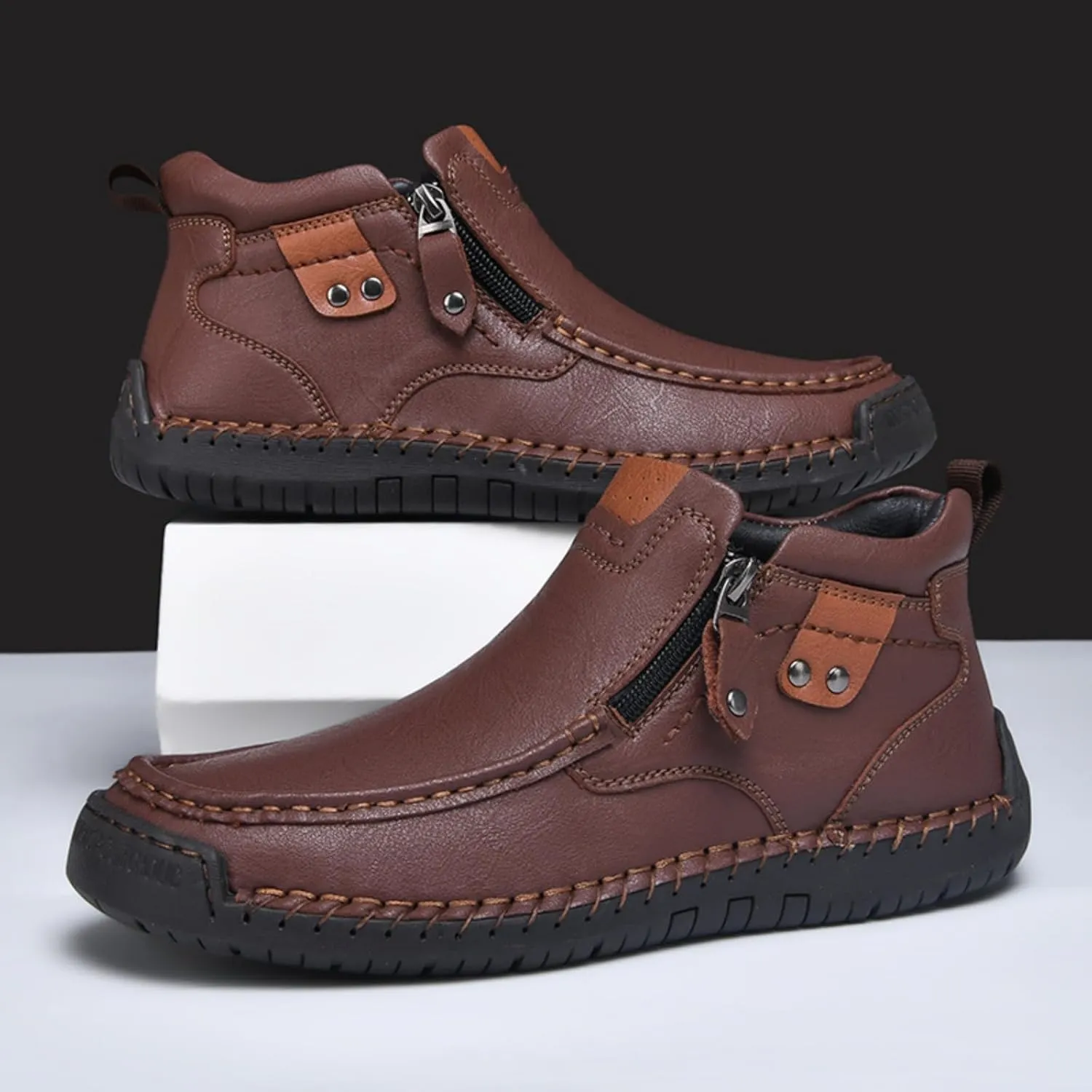 Mens Mid-Top Leather Chukka Ankle Boots with Side Zipper Casual Comfortable Round Toe Non-Slip Flats Loafers for Walking Outdoor Hiking