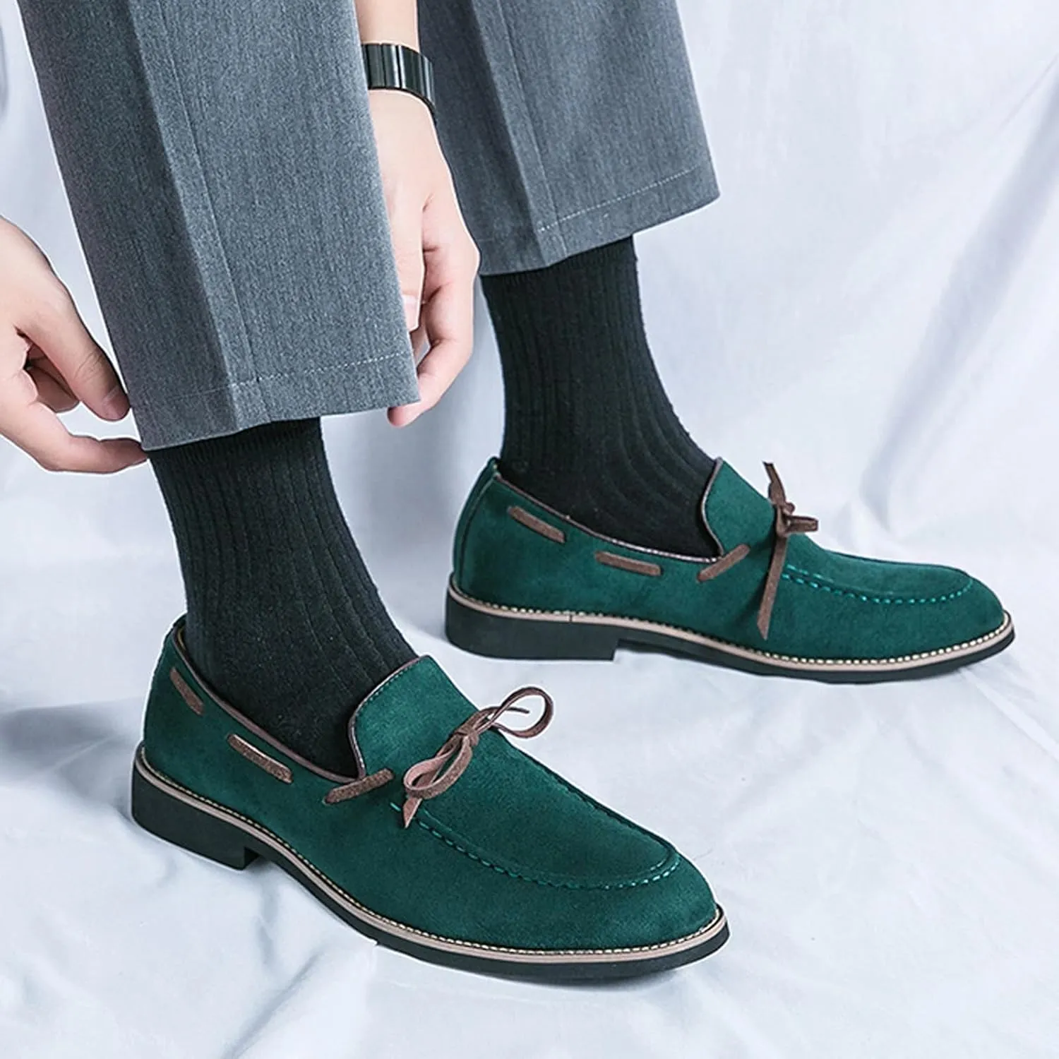 Men's Suede Bow Low Block Heel Business Dress Loafers Classic Comfortable Tassels Slip On Casual Chunky Heel Loafers for Driving Party Work
