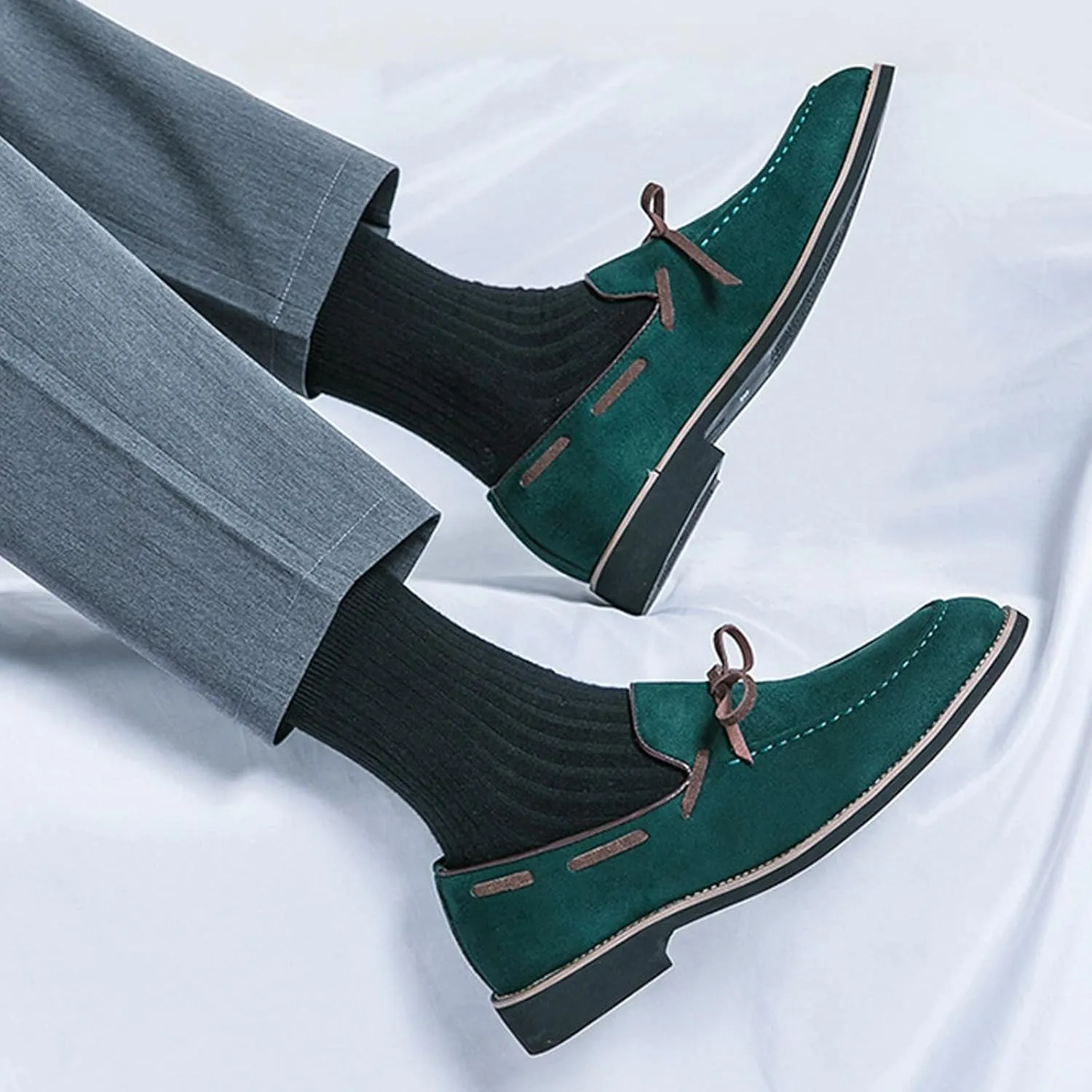 Men's Suede Bow Low Block Heel Business Dress Loafers Classic Comfortable Tassels Slip On Casual Chunky Heel Loafers for Driving Party Work