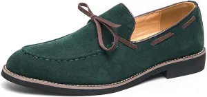 Men's Suede Bow Low Block Heel Business Dress Loafers Classic Comfortable Tassels Slip On Casual Chunky Heel Loafers for Driving Party Work