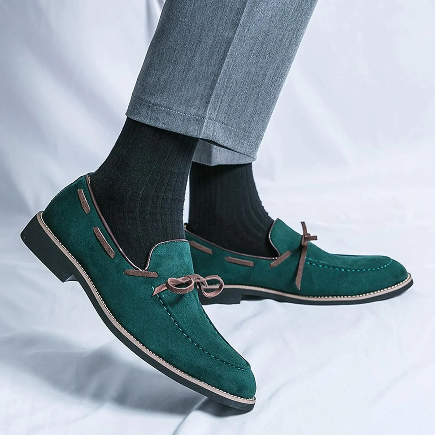 Men's Suede Bow Low Block Heel Business Dress Loafers Classic Comfortable Tassels Slip On Casual Chunky Heel Loafers for Driving Party Work