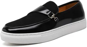 Men's Suede Leather Splicing Slip-On Penny Loafers Round Toe Lightweight Comfortable Flat Dress Shoes with Metal Buckle Casual Business Driving Shoes