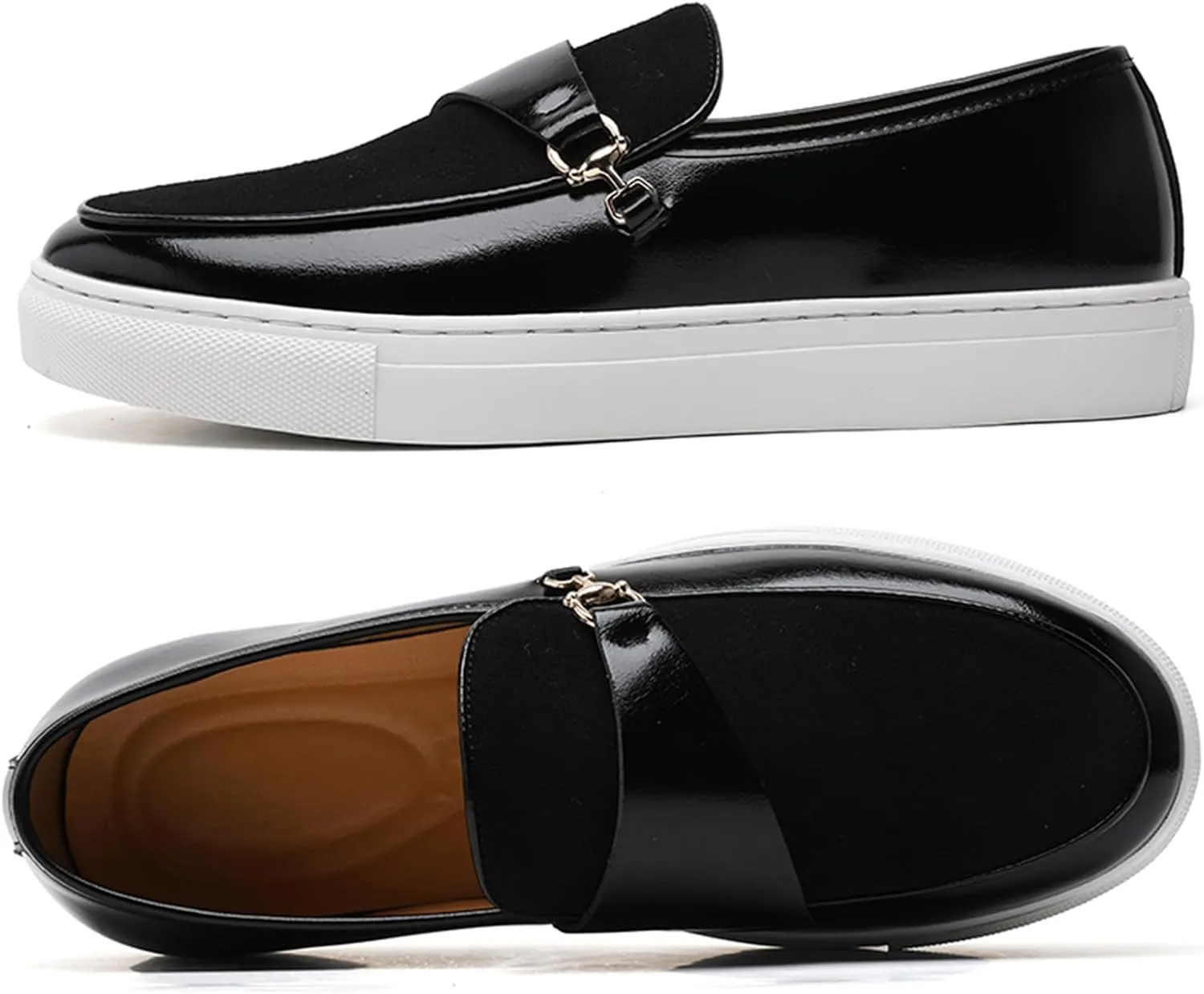 Men's Suede Leather Splicing Slip-On Penny Loafers Round Toe Lightweight Comfortable Flat Dress Shoes with Metal Buckle Casual Business Driving Shoes