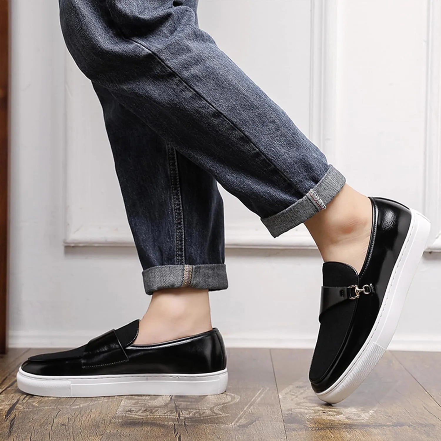 Men's Suede Leather Splicing Slip-On Penny Loafers Round Toe Lightweight Comfortable Flat Dress Shoes with Metal Buckle Casual Business Driving Shoes
