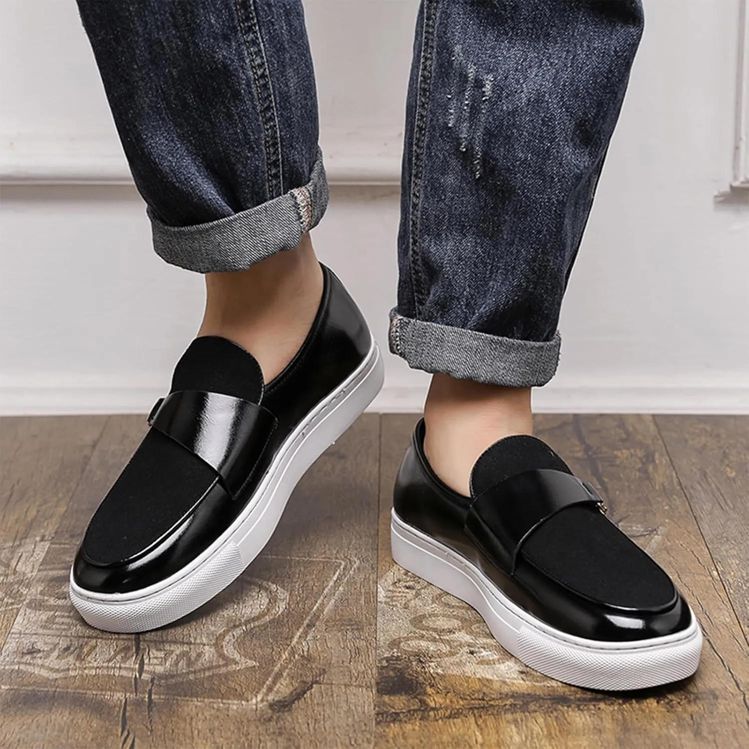 Men's Suede Leather Splicing Slip-On Penny Loafers Round Toe Lightweight Comfortable Flat Dress Shoes with Metal Buckle Casual Business Driving Shoes