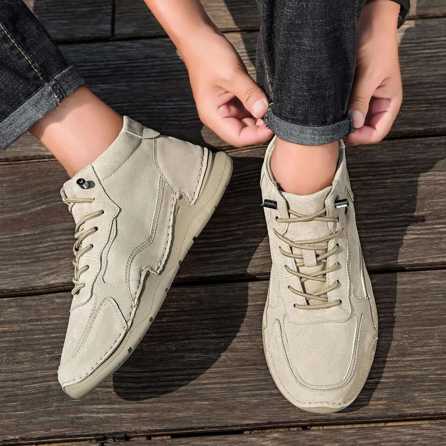 Men's Waterproof Suede Chukka Boots for Hiking Camping & Driving All Season Fashion Hand Stitched Round Toe Lace Up High Top Sneakers Comfort Casual Outdoor Walking Shoes