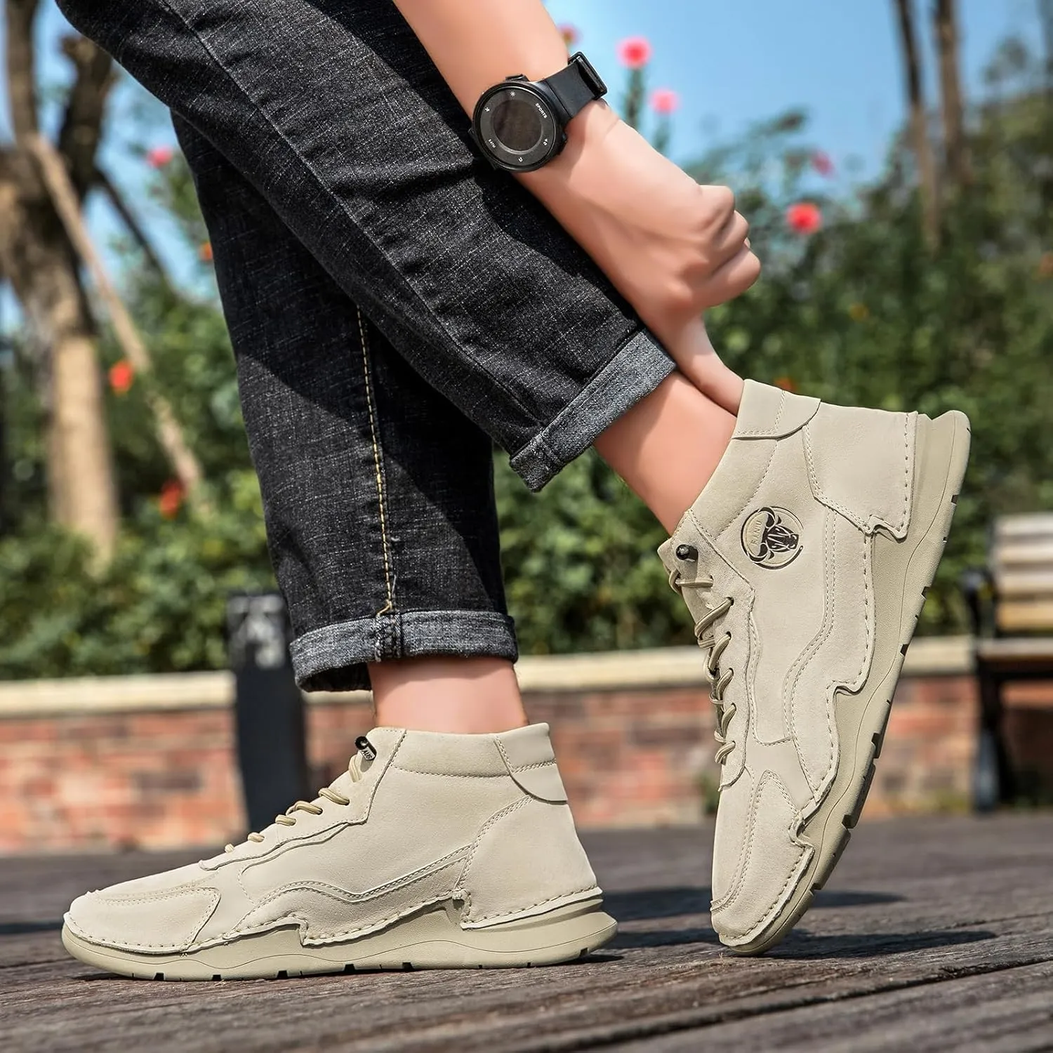 Men's Waterproof Suede Chukka Boots for Hiking Camping & Driving All Season Fashion Hand Stitched Round Toe Lace Up High Top Sneakers Comfort Casual Outdoor Walking Shoes