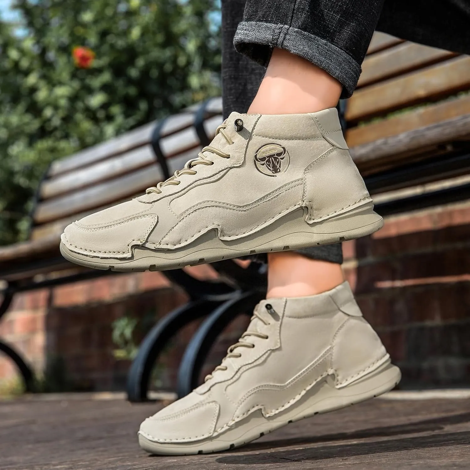 Men's Waterproof Suede Chukka Boots for Hiking Camping & Driving All Season Fashion Hand Stitched Round Toe Lace Up High Top Sneakers Comfort Casual Outdoor Walking Shoes