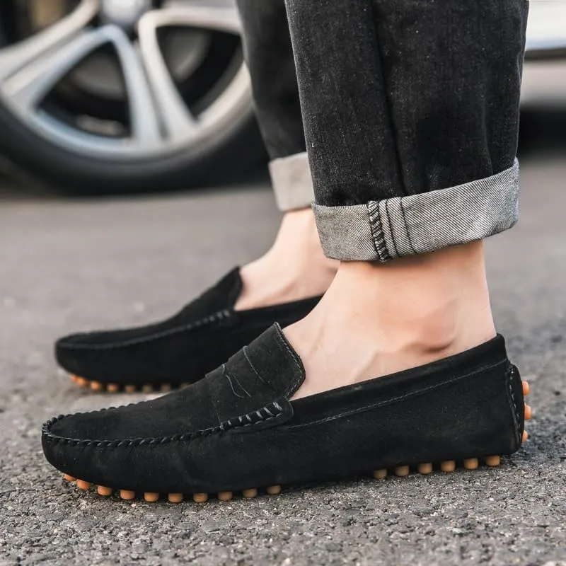 New Mens Loafers Round Toe Suede Vamp Penny Driving Loafers Moc Shoes Resistant Comfortable Anti-Slip Classic Slip On