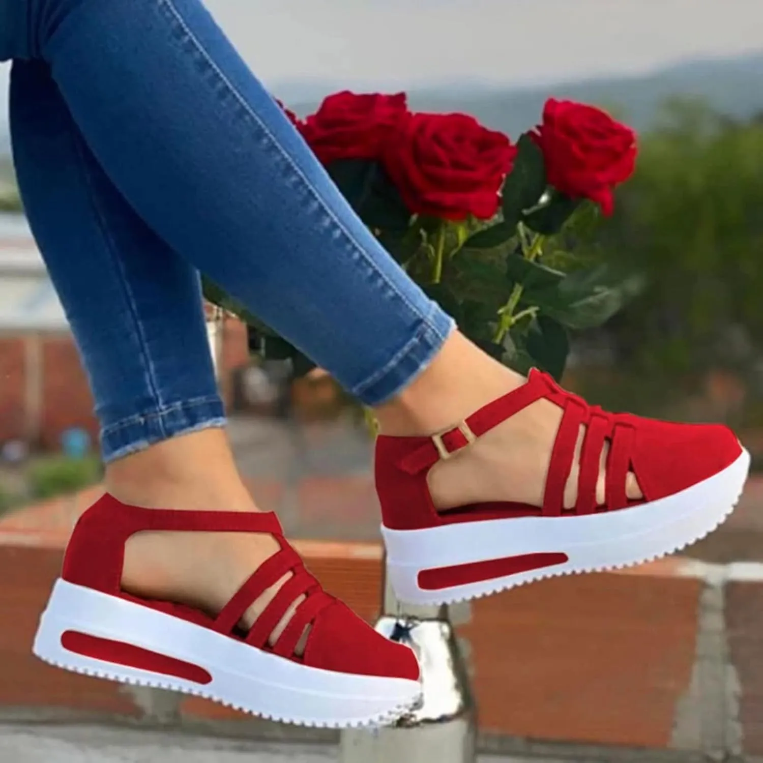 Orthopedic Platform Wedge Sandals for Women Summer Dressy,Arch Support Closed Toe Buckle Ankle Strap Espadrilles Wedge Comfortable Outdoor Shoes Strappy Slip on Sandals Beach Boho Shoes