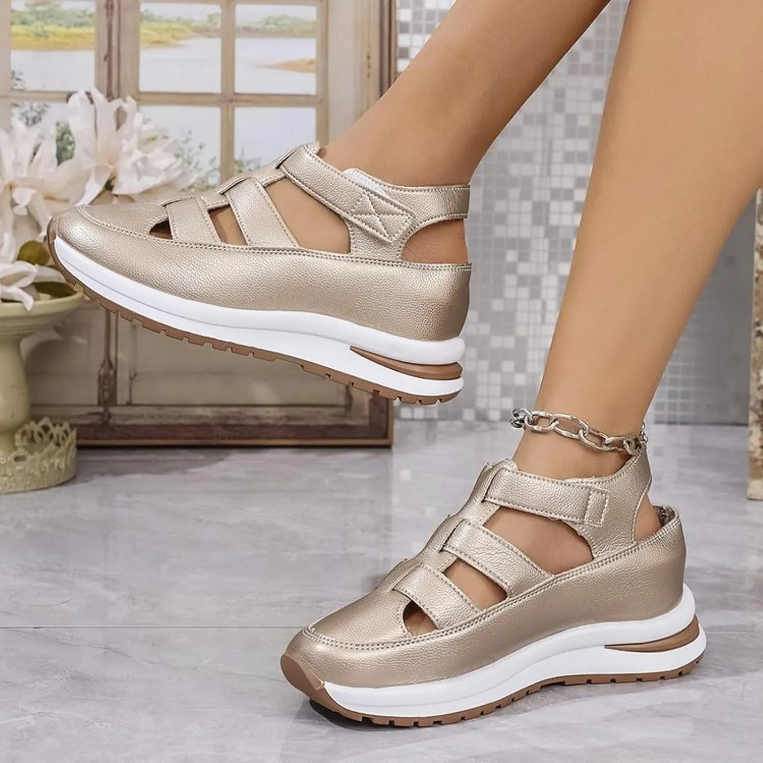 Orthopedic Wedge Sandals for Women Summer Dressy Closed Toe Ankle Strap Platform Sneakers Cutout Low Wedges Slip on Sandals Comfortable Outdoor Shoes 
