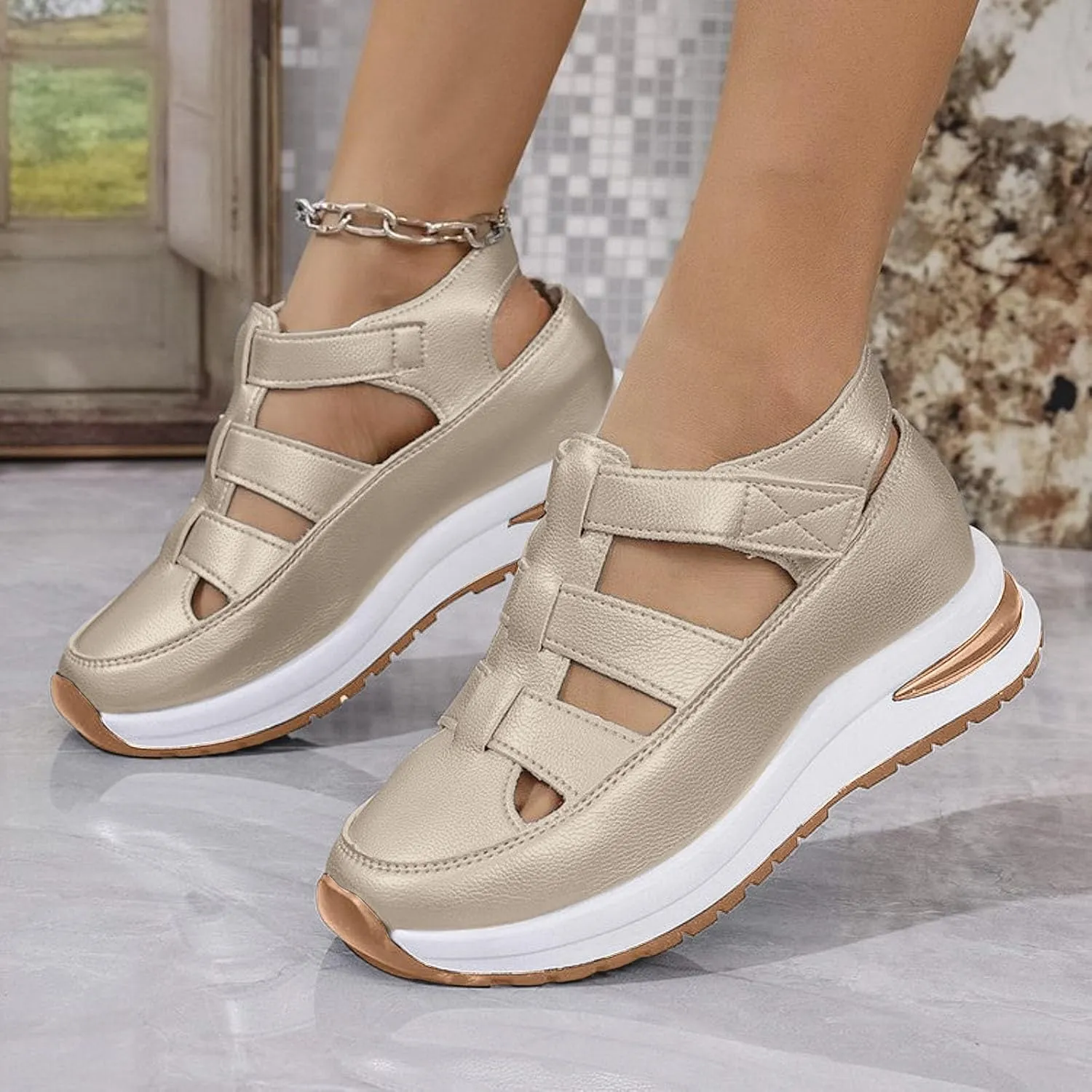 Orthopedic Wedge Sandals for Women Summer Dressy Closed Toe Ankle Strap Platform Sneakers Cutout Low Wedges Slip on Sandals Comfortable Outdoor Shoes 
