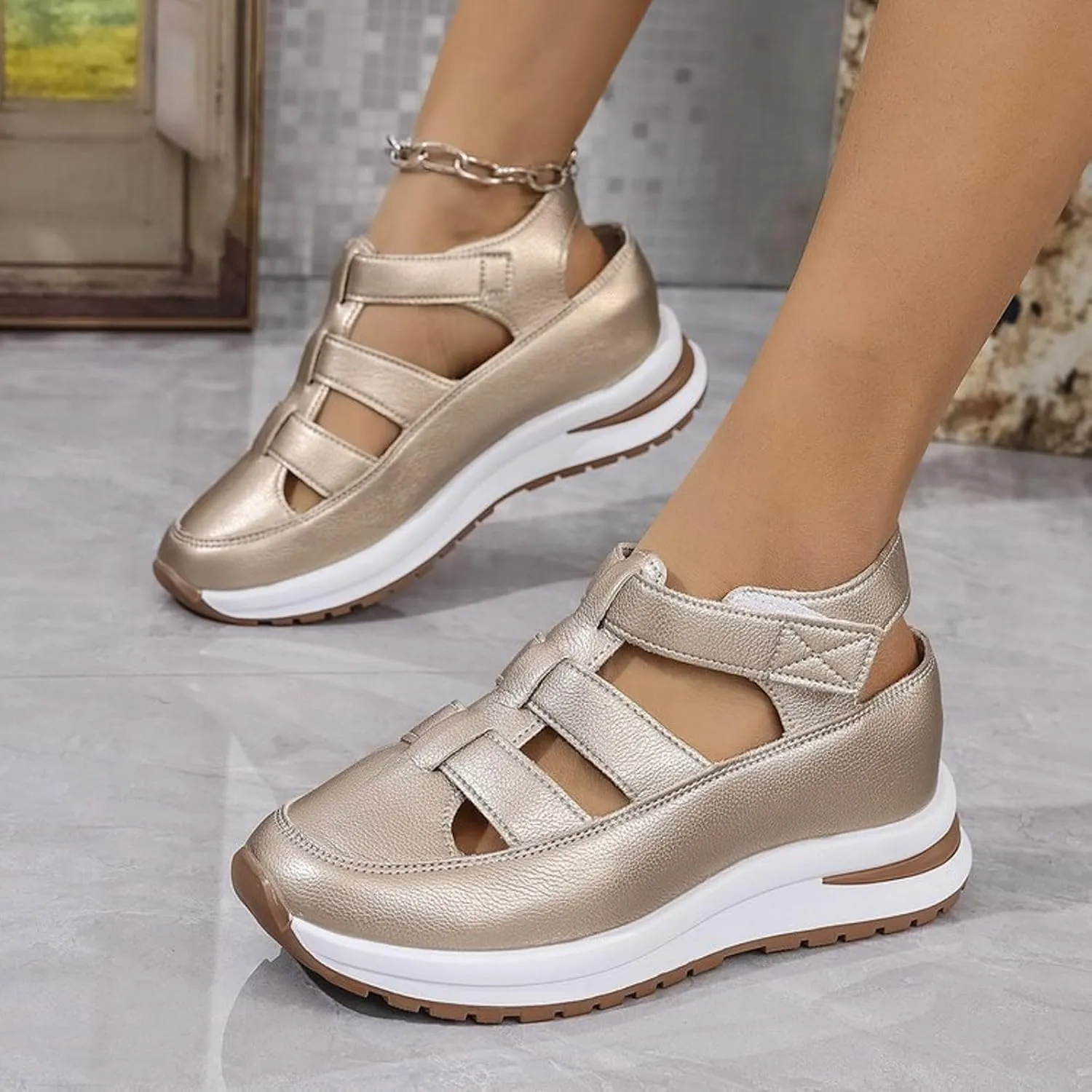 Orthopedic Wedge Sandals for Women Summer Dressy Closed Toe Ankle Strap Platform Sneakers Cutout Low Wedges Slip on Sandals Comfortable Outdoor Shoes 