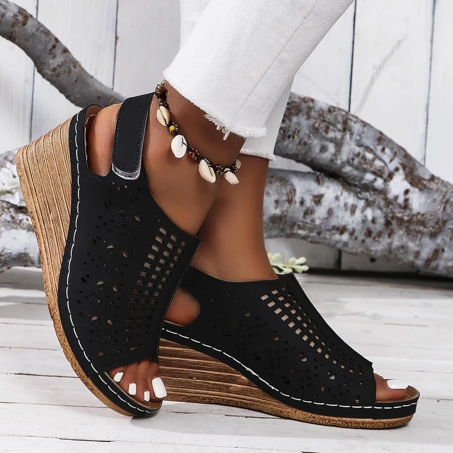 Orthopedic Wedge Sandals for Women Summer Dressy Hollowed Out Wedge Sandal Open Toe Ankle Strap Wedges Beach Rhinestone Sandal Outdoor Shoes