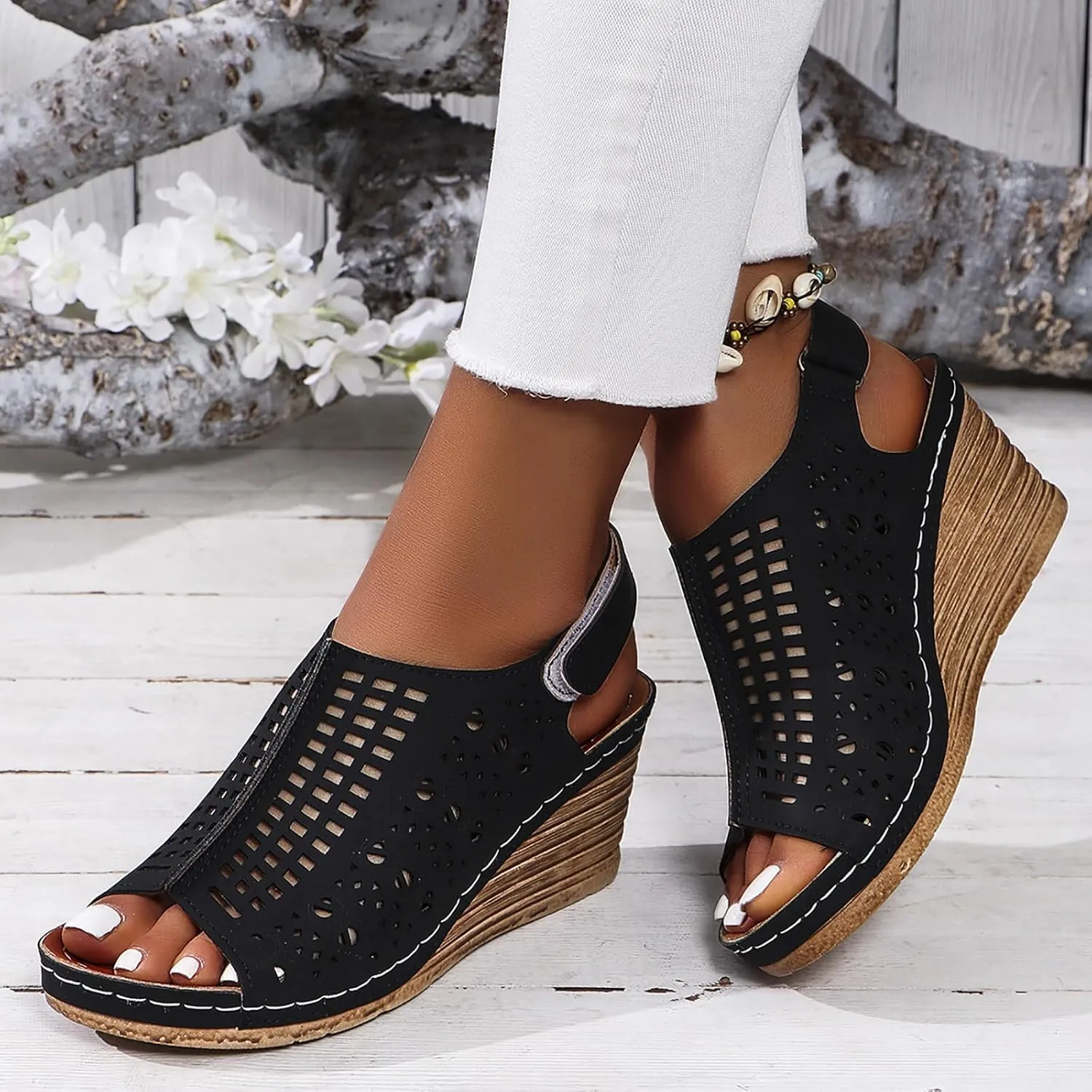 Orthopedic Wedge Sandals for Women Summer Dressy Hollowed Out Wedge Sandal Open Toe Ankle Strap Wedges Beach Rhinestone Sandal Outdoor Shoes