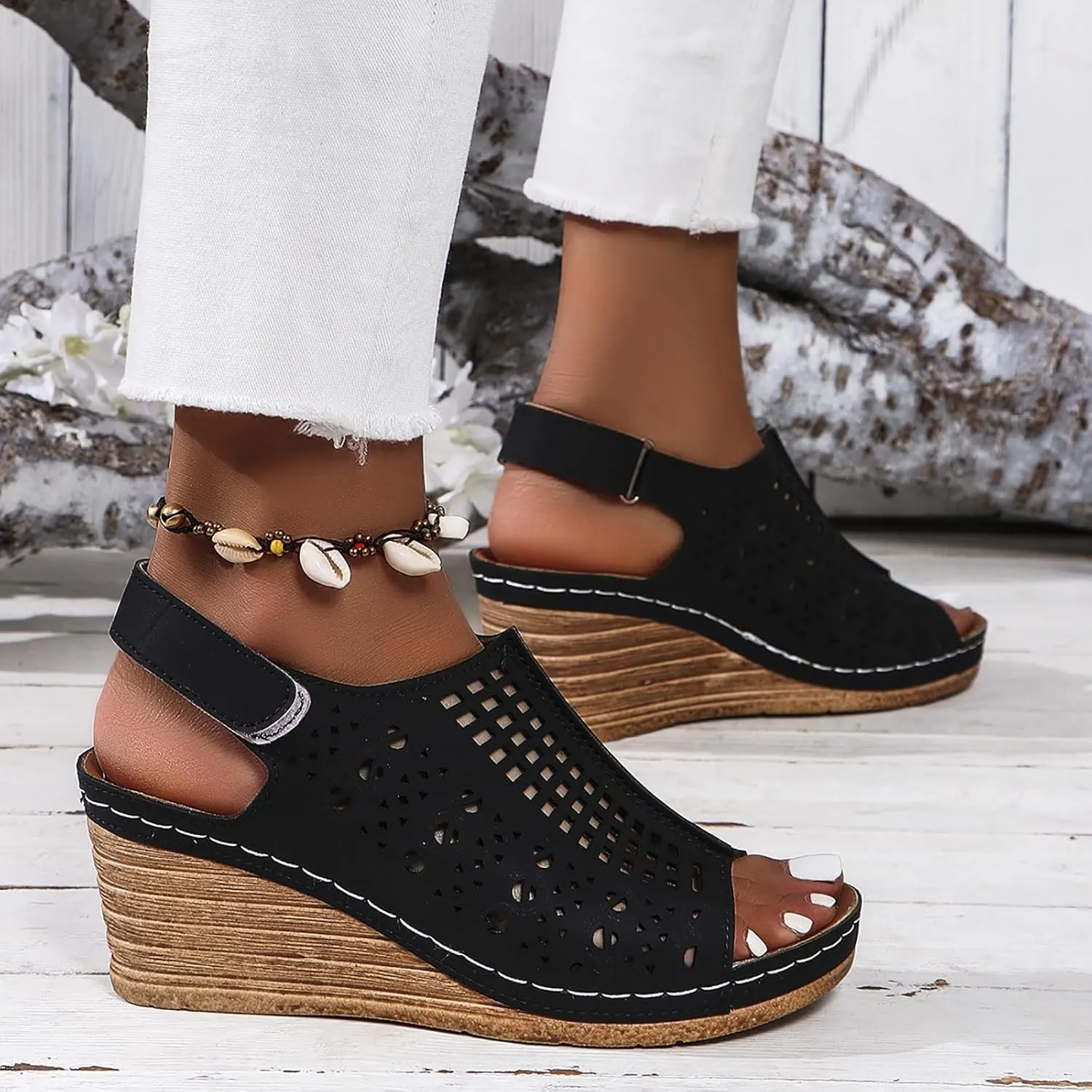 Orthopedic Wedge Sandals for Women Summer Dressy Hollowed Out Wedge Sandal Open Toe Ankle Strap Wedges Beach Rhinestone Sandal Outdoor Shoes