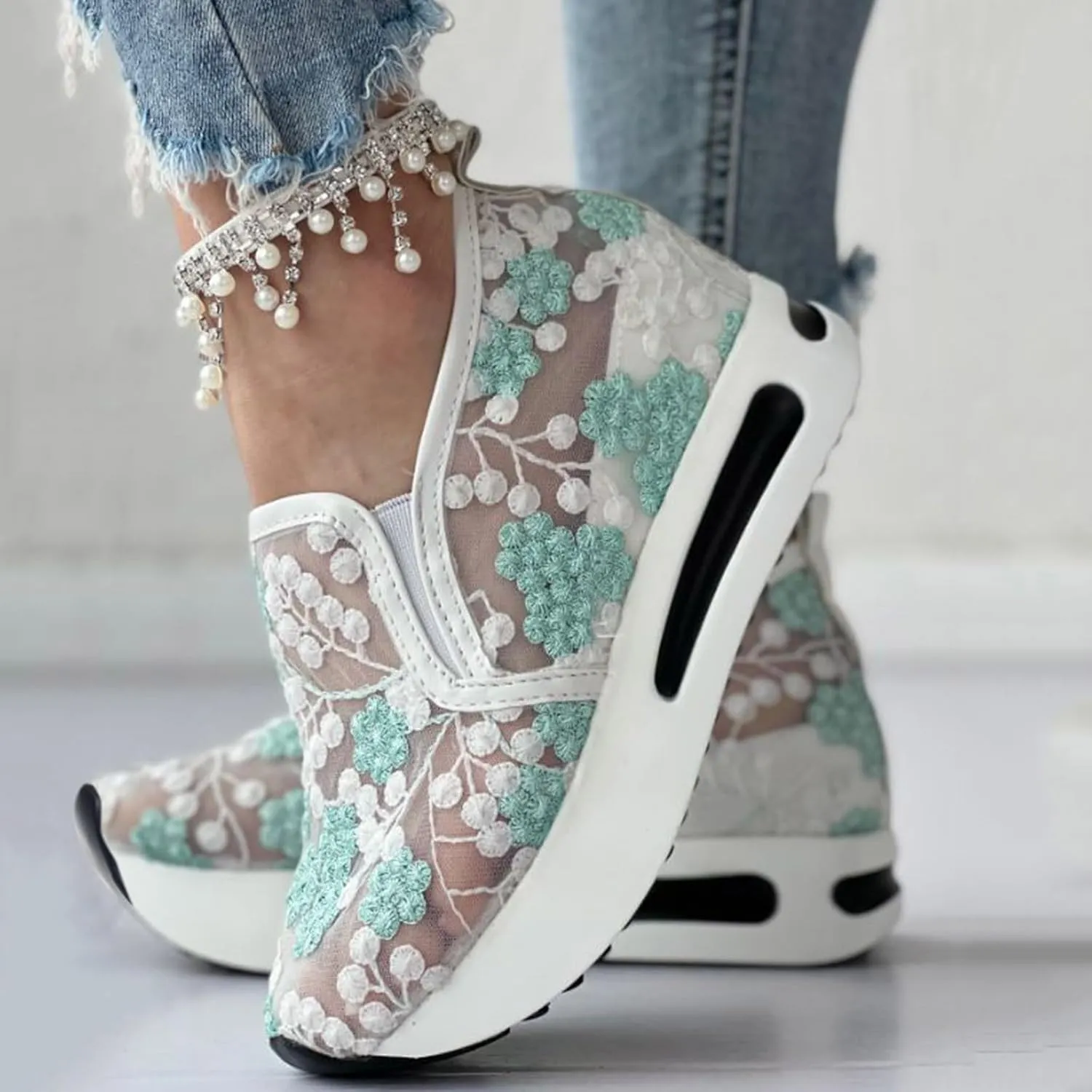 Platform Sneakers for Women Fashion Floral Mesh Air Comfort Chunky Sole Hidden High Heels Breathable Walking Work Shoes with Arch Support
