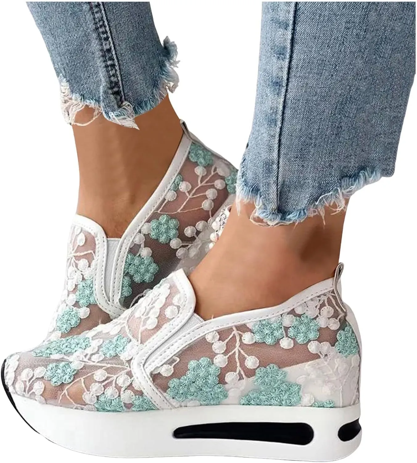 Platform Sneakers for Women Fashion Floral Mesh Air Comfort Chunky Sole Hidden High Heels Breathable Walking Work Shoes with Arch Support