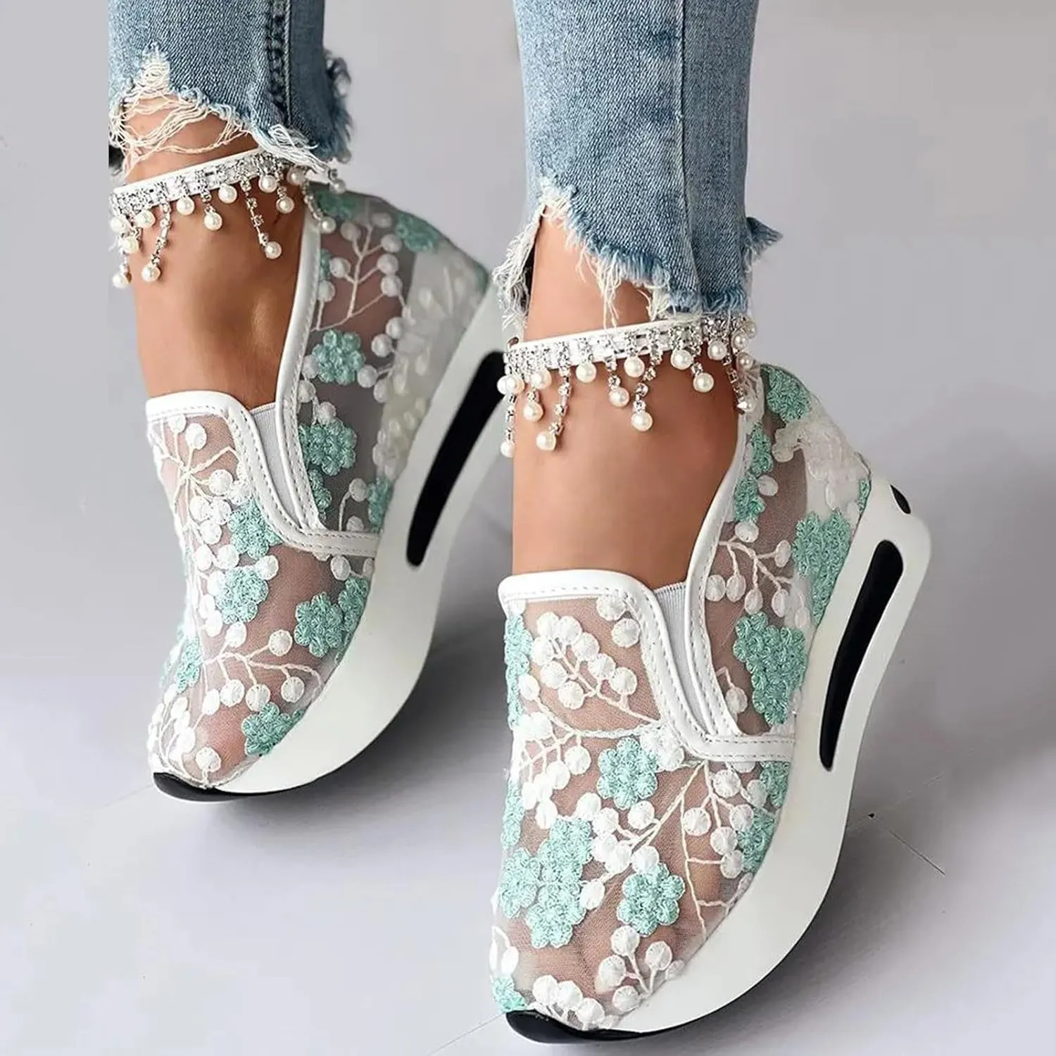 Platform Sneakers for Women Fashion Floral Mesh Air Comfort Chunky Sole Hidden High Heels Breathable Walking Work Shoes with Arch Support