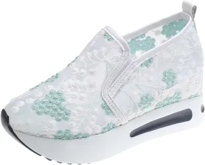 Platform Sneakers for Women Fashion Floral Mesh Air Comfort Chunky Sole Hidden High Heels Breathable Walking Work Shoes with Arch Support