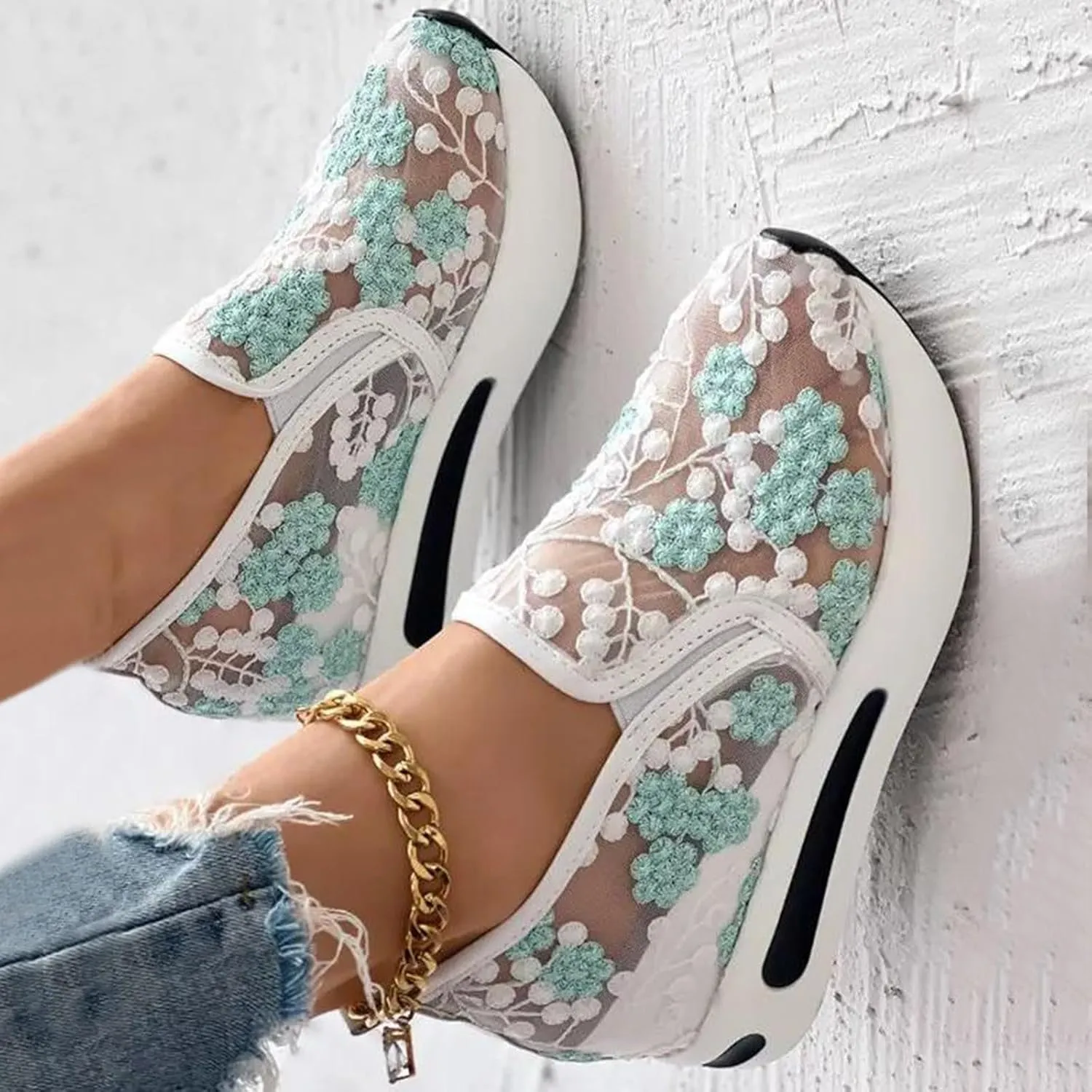 Platform Sneakers for Women Fashion Floral Mesh Air Comfort Chunky Sole Hidden High Heels Breathable Walking Work Shoes with Arch Support