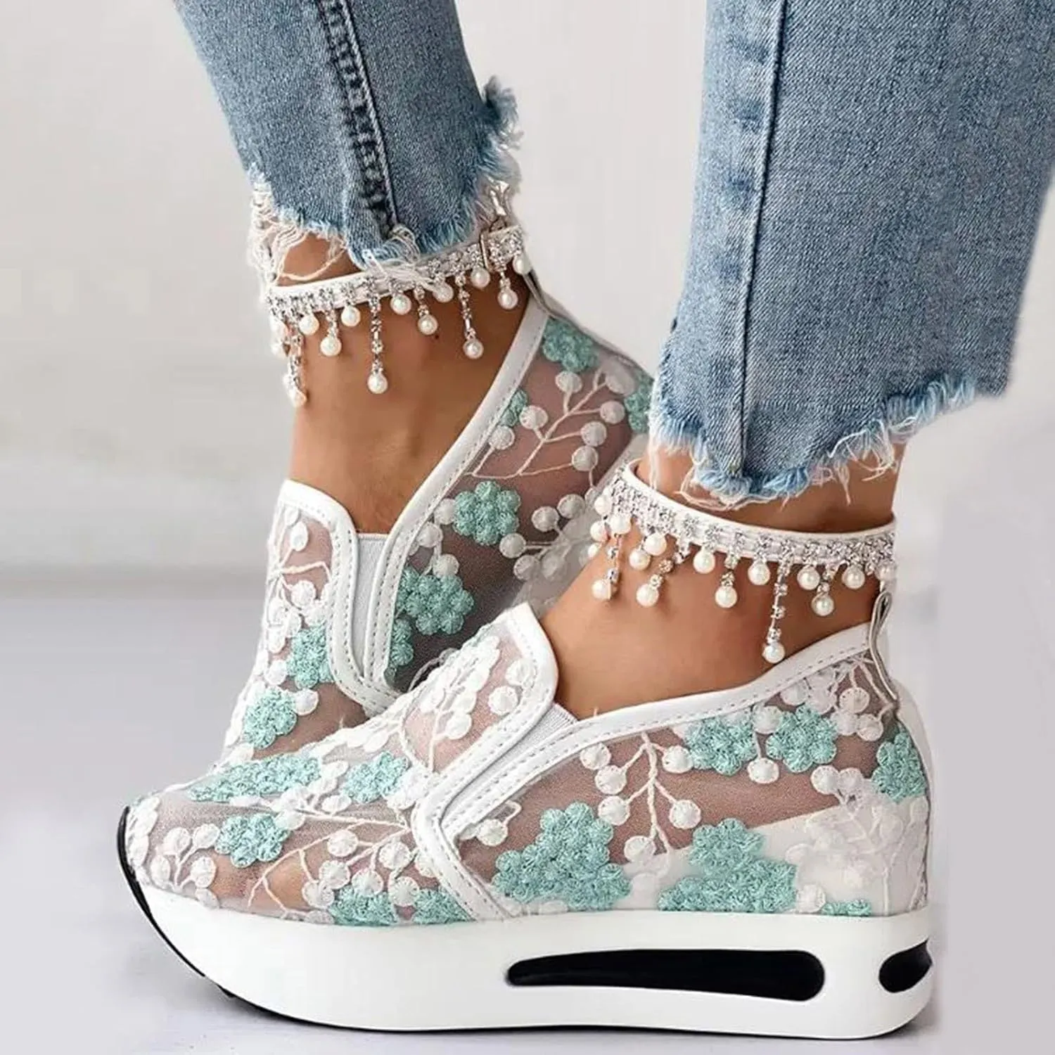 Platform Sneakers for Women Fashion Floral Mesh Air Comfort Chunky Sole Hidden High Heels Breathable Walking Work Shoes with Arch Support