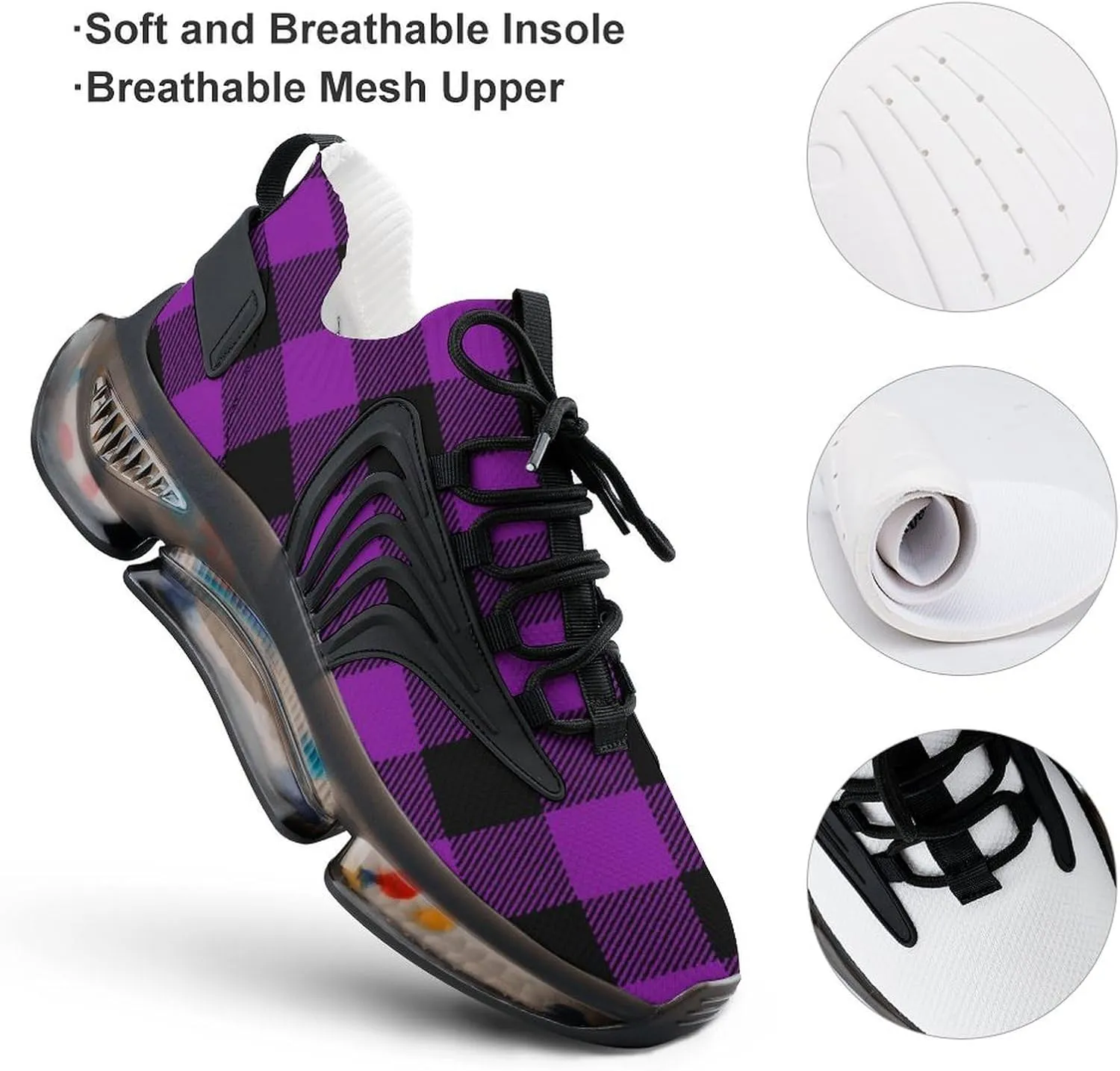 Purple Plaid Checked Walking Shoes for Men Lightweight Tennis Fashion Elastic Sports Shoes Cushion Basketball Shoes