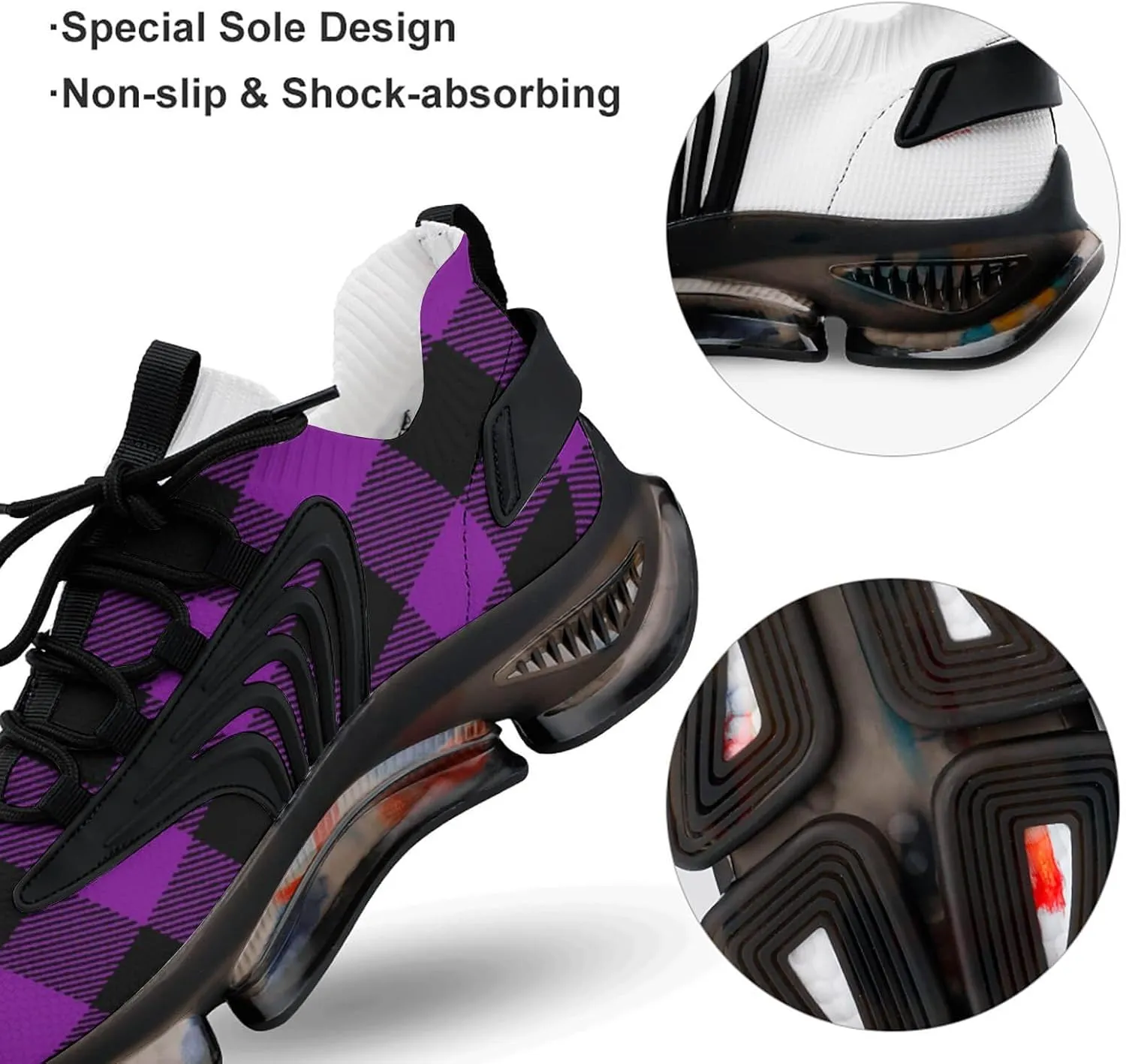 Purple Plaid Checked Walking Shoes for Men Lightweight Tennis Fashion Elastic Sports Shoes Cushion Basketball Shoes