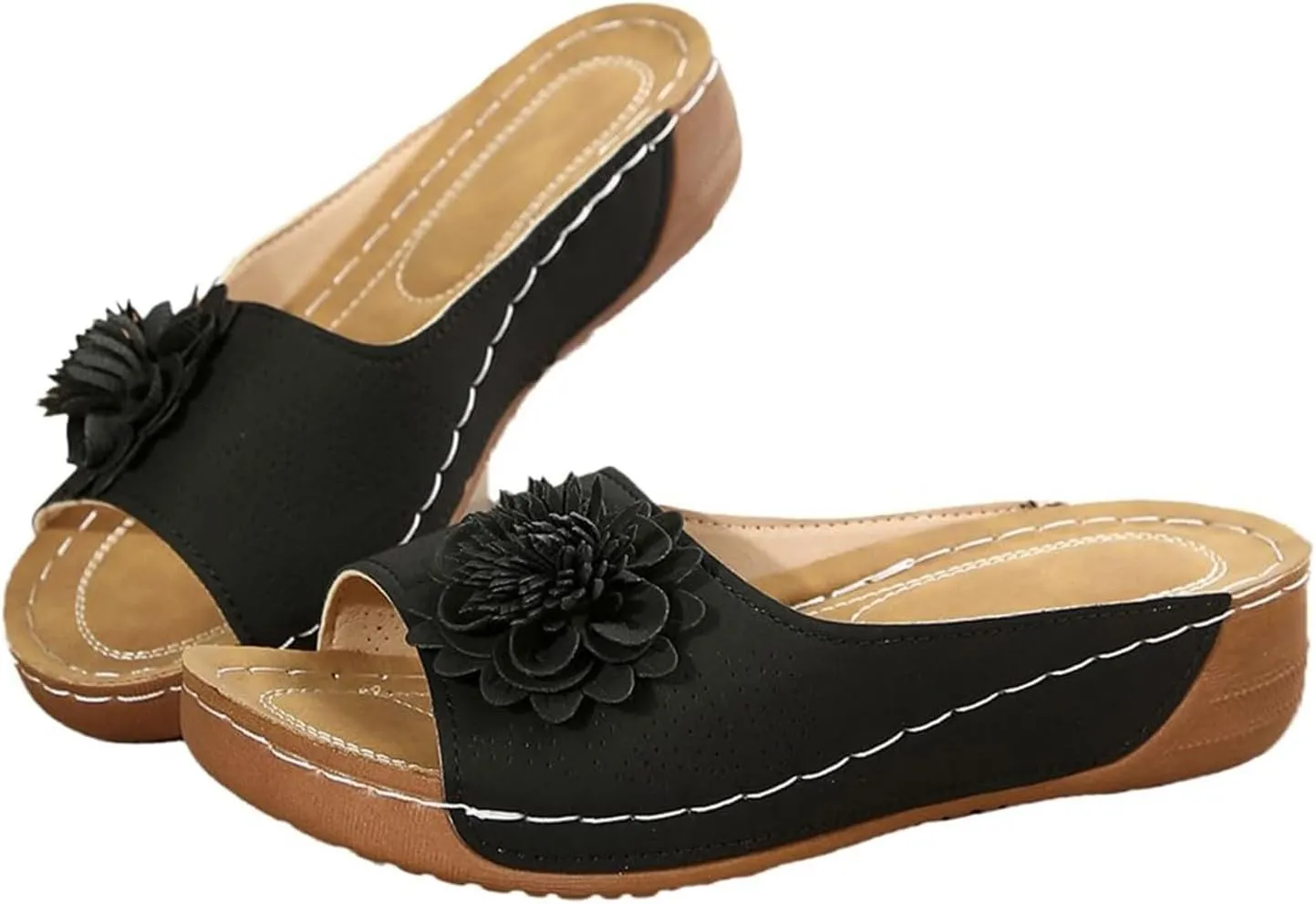 Sandals for Women Wedge Shoes Slip On Dressy Wedge Low Open Toe Slides Slipper Platform Comfortable Flower Sandals Lightweight Memory Foam Platform Shoes