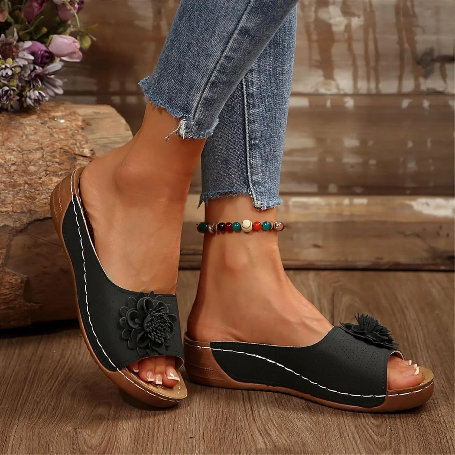 Sandals for Women Wedge Shoes Slip On Dressy Wedge Low Open Toe Slides Slipper Platform Comfortable Flower Sandals Lightweight Memory Foam Platform Shoes