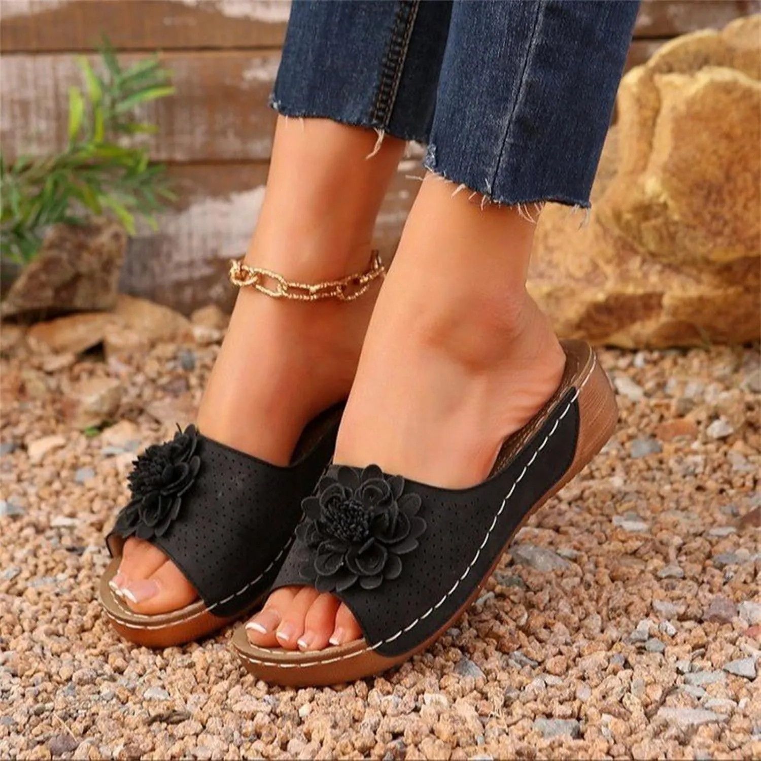 Sandals for Women Wedge Shoes Slip On Dressy Wedge Low Open Toe Slides Slipper Platform Comfortable Flower Sandals Lightweight Memory Foam Platform Shoes