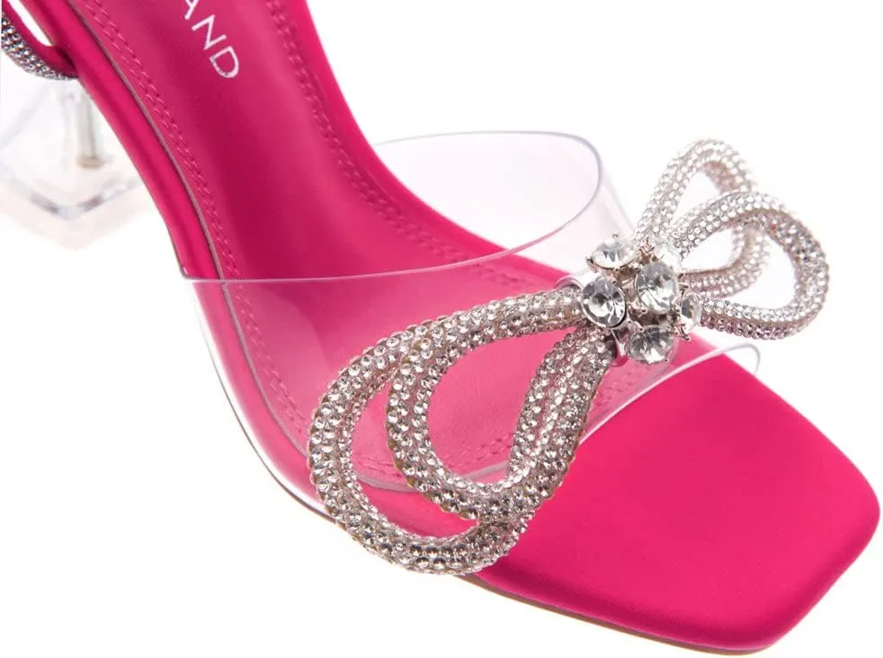 Shoe Land Womens Clear Rhinestone Bow Heels  Double Bowknot & Adjustable Ankle Strap | Crystal Stiletto High Heels with Square Open Toe for Wedding & Party