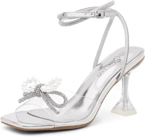 Shoe Land Womens Clear Rhinestone Bow Heels  Double Bowknot & Adjustable Ankle Strap | Crystal Stiletto High Heels with Square Open Toe for Wedding & Party