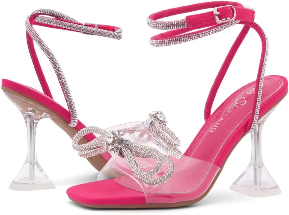 Shoe Land Womens Clear Rhinestone Bow Heels  Double Bowknot & Adjustable Ankle Strap | Crystal Stiletto High Heels with Square Open Toe for Wedding & Party