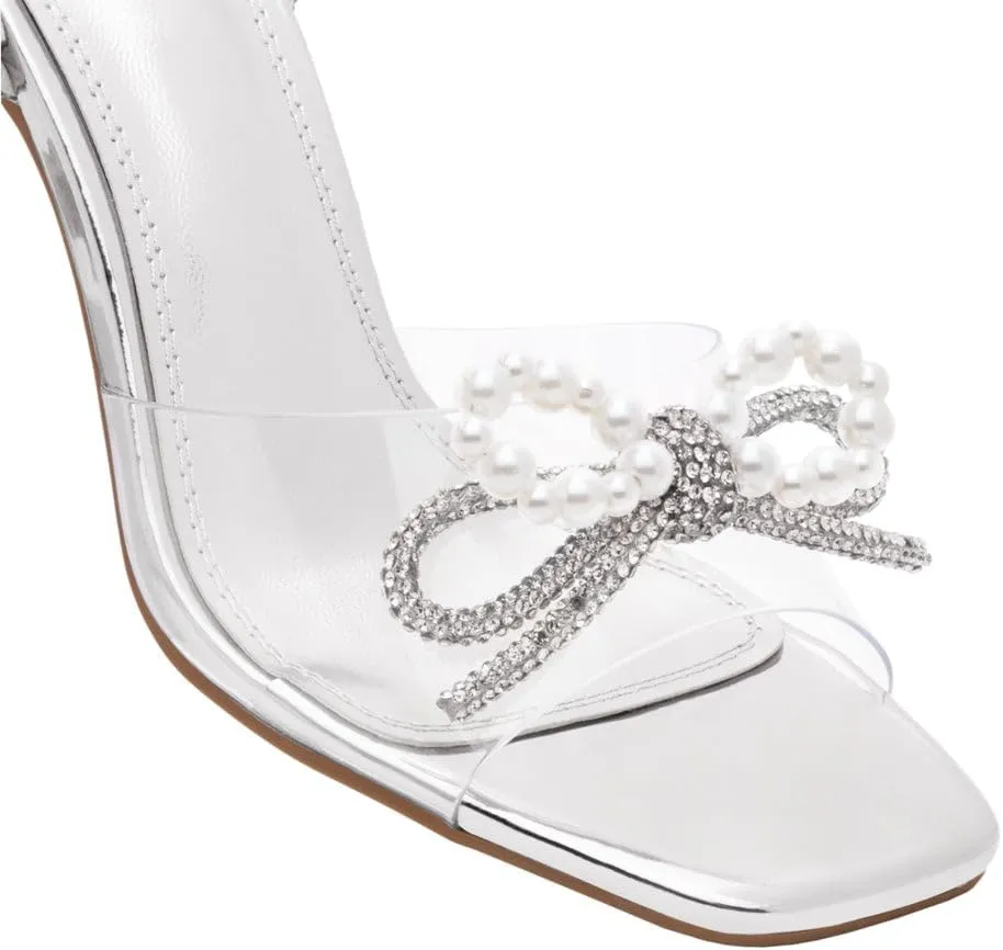 Shoe Land Womens Clear Rhinestone Bow Heels  Double Bowknot & Adjustable Ankle Strap | Crystal Stiletto High Heels with Square Open Toe for Wedding & Party