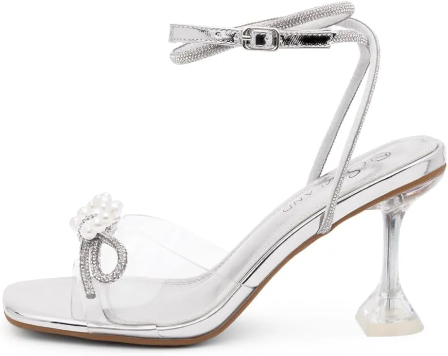 Shoe Land Womens Clear Rhinestone Bow Heels  Double Bowknot & Adjustable Ankle Strap | Crystal Stiletto High Heels with Square Open Toe for Wedding & Party