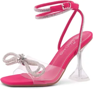 Shoe Land Womens Clear Rhinestone Bow Heels  Double Bowknot & Adjustable Ankle Strap | Crystal Stiletto High Heels with Square Open Toe for Wedding & Party